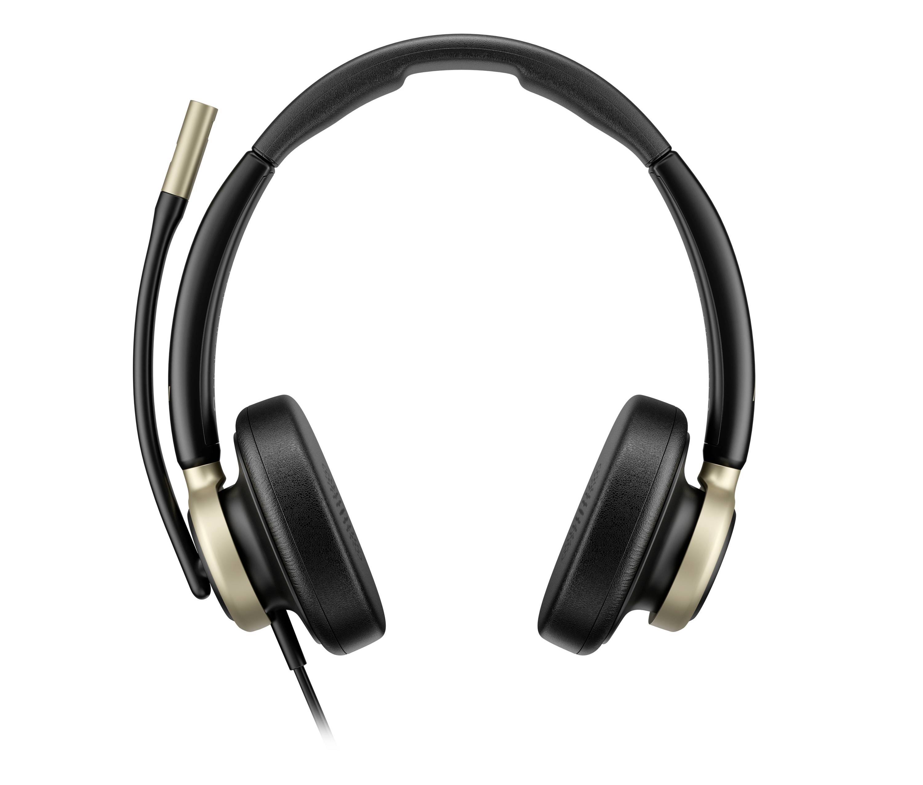 Schwarze kabelgebundene Over-Ear-Kopfhörer mit goldenen Akzenten auf weißem Hintergrund.