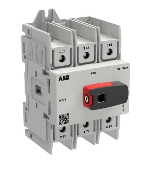 ABB OT100G3 dreipoliger Schalter-Trennschalter mit rotem und schwarzem Griff, Anschlüsse gekennzeichnet mit 1L1, 3L2, 5L3 und 2T1, 4T2, 6T3.
