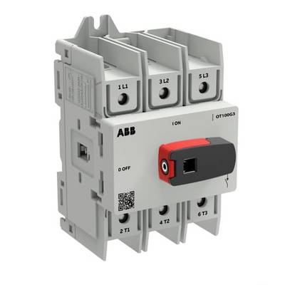 ABB OT100G3 dreipoliger Schalter-Trennschalter mit rotem und schwarzem Griff, Anschlüsse gekennzeichnet mit 1L1, 3L2, 5L3 und 2T1, 4T2, 6T3.