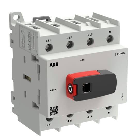 ABB OT100G2 Schalttrenner mit rotem und schwarzem Drehgriff, Frontbeschriftungen für 1 L1, 3 L2, 5 L3 und N Klemmen.