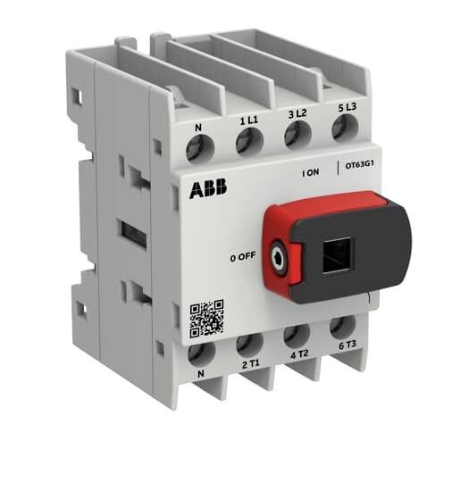ABB OT63G1 Drehschalter/Trennschalter mit rotem und schwarzem Griff, mit Anschlussklemmen-Beschriftungen und QR-Code auf einem grauen elektrischen Gerät.