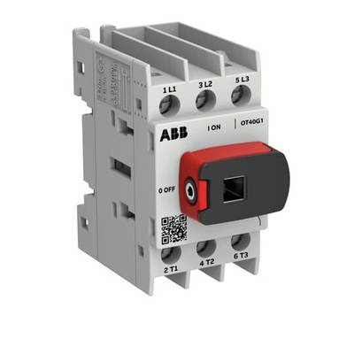 ABB OT40G1 Drehschalter-Trennschalter mit rot-schwarzem Griff, Anschlüsse mit Beschriftung 1L1, 3L2, 5L3 und 2T1, 4T2, 6T3, mit ION/OFF-Markierungen.