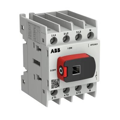ABB OT25G1 Elektroschalter-Trennschalter mit rotem und schwarzem Drehgriff, beschriftete Klemmen L1, L2, L3 und N.