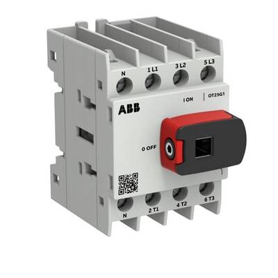 ABB OT25G1 Drehschalter-Trennschalter mit rotem und schwarzem Griff, zeigt Anschlussbezeichnungen und EIN/AUS-Markierungen auf einem weiß-grau industriellen Gerät.