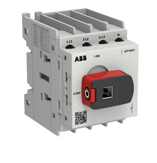 ABB OT16G1 dreipoliger Trennschalter mit rotem und schwarzem Drehgriff und Anschlusskennzeichnungen auf weißem Hintergrund