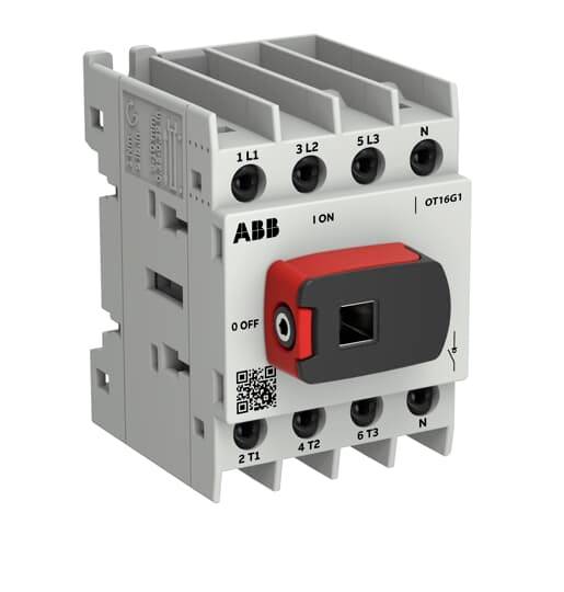 ABB OT16G1 Elektroschalter/Lasttrennschalter mit rotem und schwarzem Drehgriff, beschriftet mit EIN/AUS und Anschlussmarkierungen 1L1, 3L2, 5L3, N, 2T1, 4T2, 6T3, N.