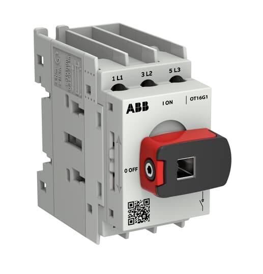 ABB OT16G1 Drehschalter/Trennschalter mit rot-schwarzem Griff, beschriftet mit ION und 0 AUS, auf weißem Hintergrund dargestellt.