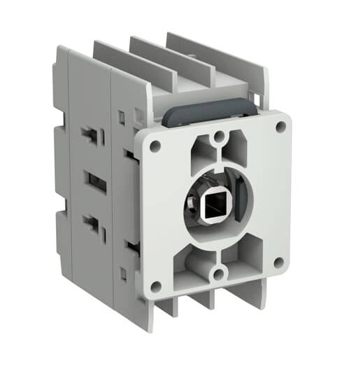 Nahaufnahme eines grauen industriellen Elektrosteckers oder Steckmoduls mit quadratischer Frontöffnung und Montagelaschen auf weißem Hintergrund