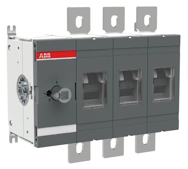 ABB dreipoliges elektrisches Schaltgerät mit Montagelaschen und Inspektionsfenstern, isoliert auf weißem Hintergrund dargestellt.