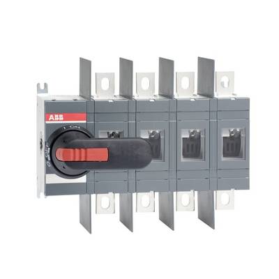 ABB dreipoliger Drehtrennschalter mit schwarzem und rotem Griff auf weißem Hintergrund.