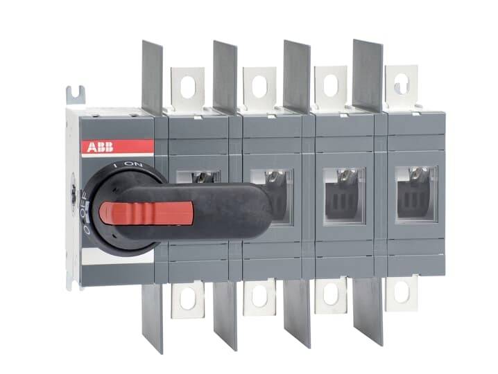 ABB Mehrpol-Elektroschalter/Trennschalter mit rotem und schwarzem Drehgriff, gezeigt auf weißem Hintergrund.