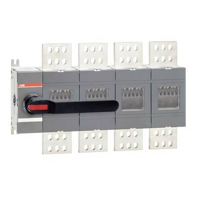 Grauer ABB-Elektroschalter mit schwarzem Hebelbetätigung und vier Polklemmen, dargestellt auf weißem Hintergrund.