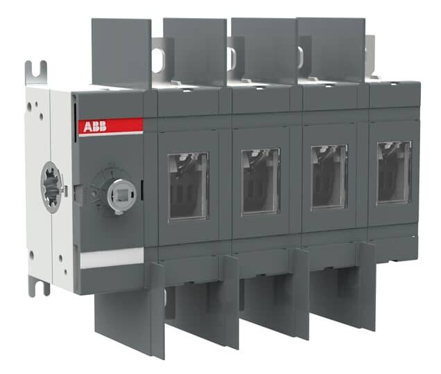 ABB Vierpol-Elektroschalter oder Anschlussblock, grau industrielle Komponente mit transparenten Inspektionsfenstern und Montageslitzen.