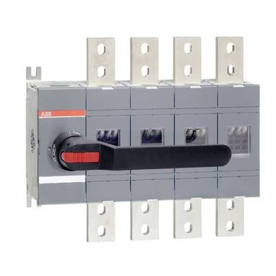 ABB vierpoliger elektrischer Schalttrenner mit schwarzem Drehgriff und rotem Anzeigezeiger, dargestellt in offener Position.