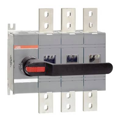 Industrieller ABB-Drehtrennschalter mit schwarzem Hebelgriff und drei Metallanschlussfahnen auf einem grauen Elektromodul.