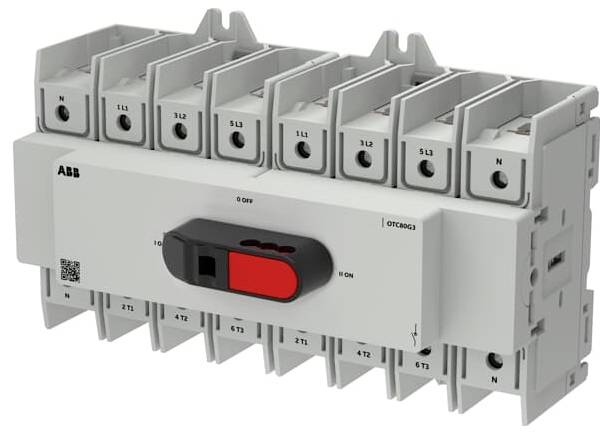 ABB Elektroschalter oder Leistungsschalter mit rotem Ein-/Ausschalthebel und mehreren Anschllussklemmen, dargestellt in Produktansicht auf weißem Hintergrund