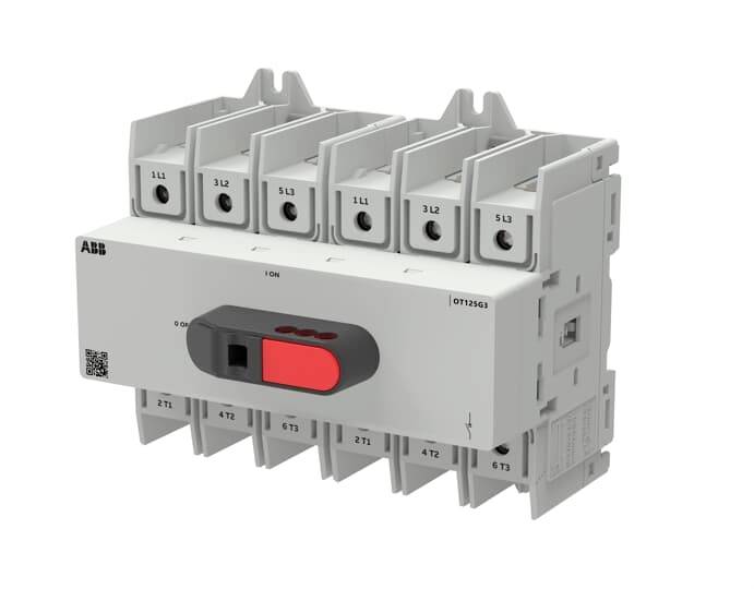 ABB-Elektroschalter oder Motorstartermodul mit sechs Anschlussklemmen und einer roten Anzeigeleuchte auf einem weiß-grauen Industriegerät.