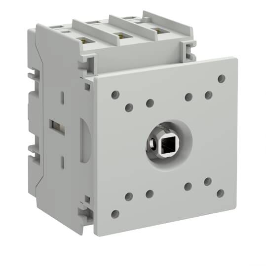 Grauer, wandmontierter elektrischer Schaltmechanismus mit zentraler quadratischer Buchse und Schraubenlöchern auf weißem Hintergrund