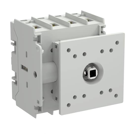 Grauer elektrischer Wandschalter oder Steckdosenmechanismus in einer 3D-Produktansicht, mit quadratischer Frontplatte und zentralem Montageloch.
