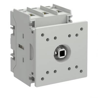 Grauer elektrischer Wandsteckdosenmechanismus mit quadratischem Mittelstecker und Schraubenlöchern auf einfachem Hintergrund.