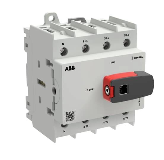 ABB OT63G2 Schalttrenner mit schwarz-rotem Griff, Anschlussklemmen-Etiketten und „I EIN"/„O AUS"-Markierungen auf einem grauen Elektrogerät.