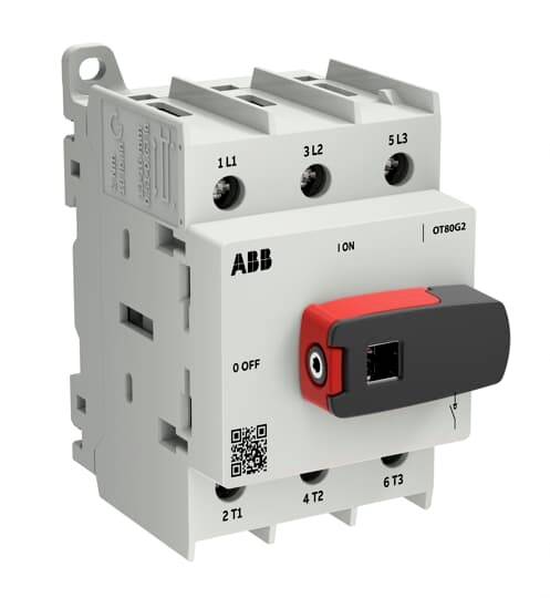 ABB OT80G2 dreipoliger Lasttrennschalter mit schwarzem und rotem Drehgriff, gekennzeichnet mit 1L1, 3L2, 5L3 und 2T1, 4T2, 6T3.