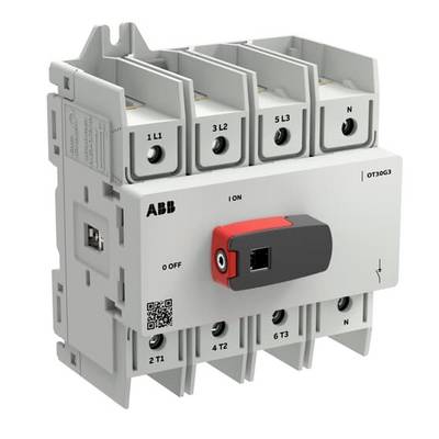 ABB OT30G3 Drehtrennschalter mit rot-schwarzem EIN/AUS-Griff und beschrifteten Anschlussklemmen auf weißem Gehäuse.