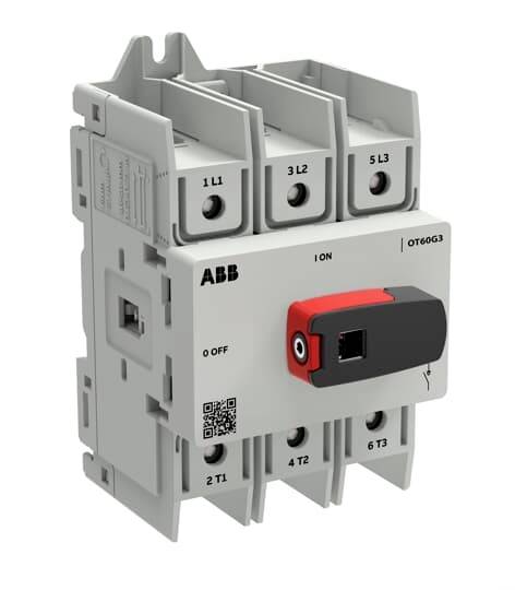 ABB OT60G3 dreipoliger Lasttrennschalter mit rot-schwarzem Drehgriff, beschriftet mit ION, in Vorderansicht auf weißem Hintergrund dargestellt.
