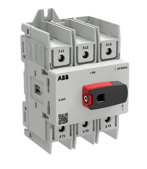 ABB dreipoliger Schalter-Trennschalter mit rotem und schwarzem Drehgriff, zeigt Anschlüsse und Markierungen "I EIN"/"O AUS".