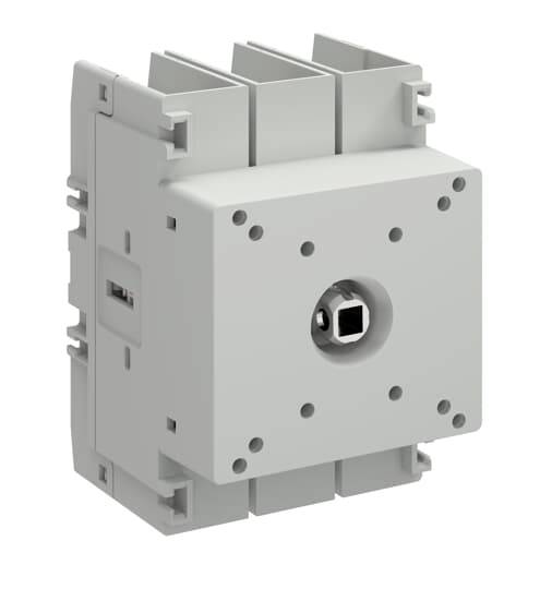 Grauer Stromkreisschalter-Modul mit quadratischem Montageloch an der Vorderseite, isoliert auf weißem Hintergrund dargestellt.