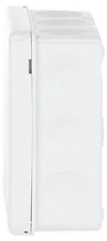 Weißer an der Wand montierter rechteckiger Spender mit aufklappbarer linker Seite und abgerundeten oberen Öffnungen, dargestellt vor einem schlichten Hintergrund.