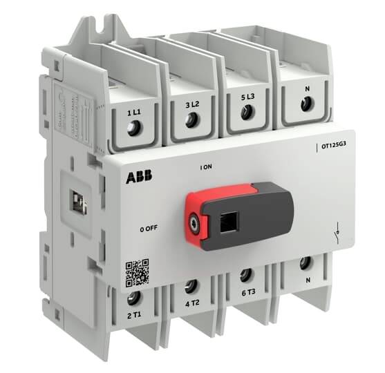 ABB-Elektroschalter/-Trennschalter mit rot-schwarzem Drehgriff und beschrifteten Anschlüssen auf einem weißen modularen Gehäuse.