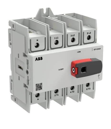 ABB-Elektroschalter/-Trenner mit rotem und schwarzem Drehgriff und mehreren Anschlussklemmen, dargestellt in 3D-Produktansicht.