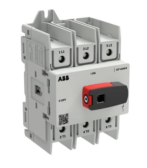 ABB OT160G3 dreipoliger elektrischer Schalttrenner mit rotem und schwarzem Drehgriff und beschrifteten Anschlussklemmen.