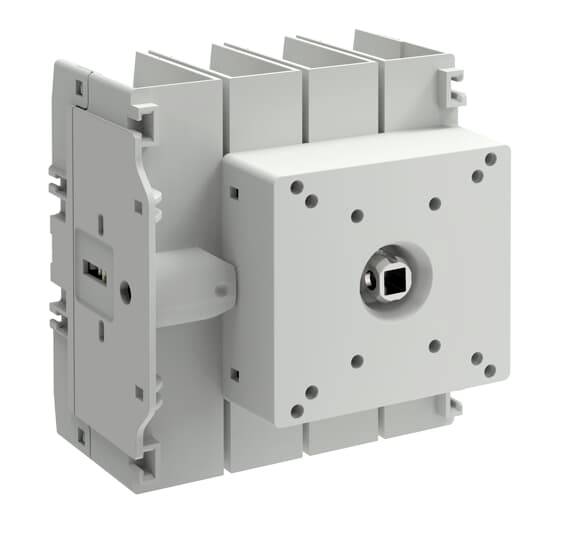Weißer industrieller elektrischer Schalter oder Steuermodul in 3D-Darstellung, mit quadratischem Frontgesicht, zentraler Buchse und seitlichen Befestigungsklammen.