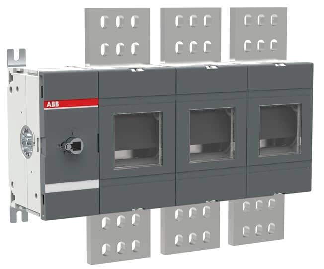 ABB-Schaltanlage mit drei Sichtfenstern und Metallklemmen oben und unten, dargestellt in einer produktgerechten Seitenansicht.