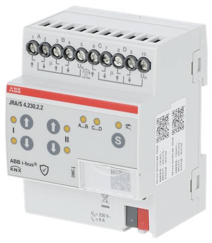 ABB i-bus KNX-Relaismodul mit nummerierten Schraubklemmen, Kontrollleuchten und einem roten Handschalter auf der Vorderseite.