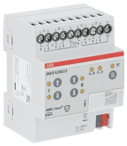 ABB i-bus KNX JRA/S 4.230.2.2 Jalousieaktualtor-Modul mit nummerierten Klemmen und Steuertasten auf der Vorderseite