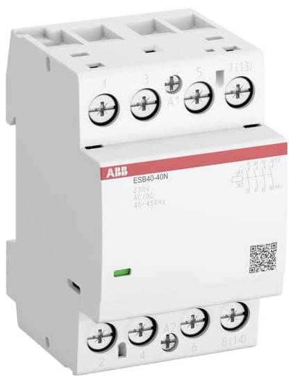 ABB ESB40-40N Elektroschalter mit beschrifteten Schraubklemmen und weißem Kunststoffgehäuse mit roter ABB-Kennzeichnung.