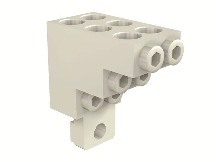 3D-Rendering einer beige-farbenen LEGO-ähnlichen Eckhalterung mit sechs oberen Stiften und mehreren seitlichen Verbinderlöchern.