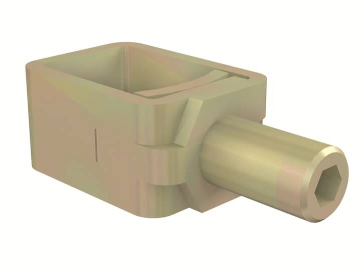 3D-gerenderter goldfarben metallischer Steckadapter mit einer quadratischen Aussparung auf einer Seite und einem vorstehenden Sechskantantrieb auf der anderen Seite.
