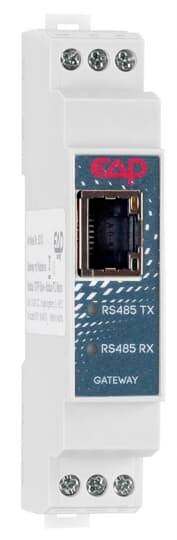 Weißes DIN-Schienen-Montage-Gateway-Modul mit Ethernet-Anschluss, beschriftet mit „RS485 TX", „RS485 RX" und „GATEWAY", Vorderansicht.