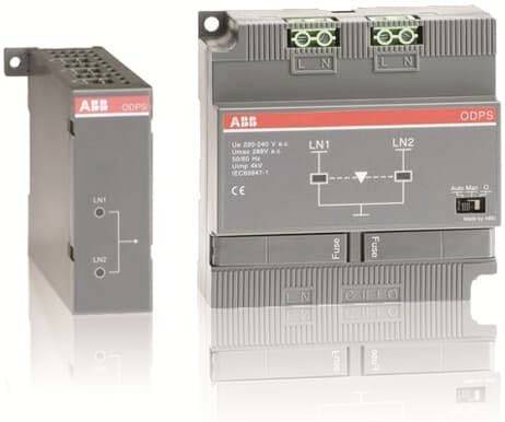 Zwei nebeneinander angeordnete ABB-Elektroschutzgeräte gegen Überspannungen, ein schmales Modul und eine größere Einheit mit der Bezeichnung „ODPS" mit den Anschlüssen LN1 und LN2.