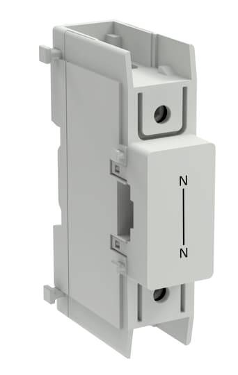 Graues Elektromodul mit Terminalöffnungen und "N"-Markierungen auf der Vorderseite, dargestellt als 3D-Produktstilbild auf weißem Hintergrund