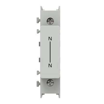 Graues Elektromodul mit einer vertikalen Linie zwischen zwei "N"-Beschriftungen, Vorderansicht mit Montagelaschen und Schrauben.