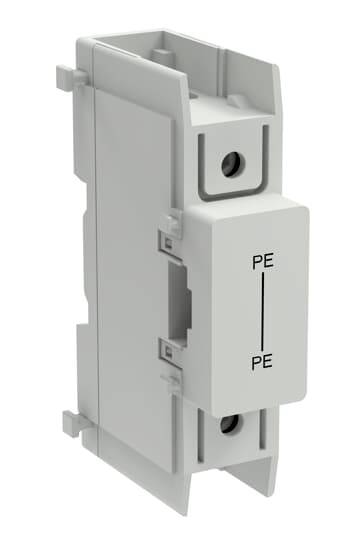 Graues Stromversorgungsendgerätmodul mit der Bezeichnung „PE" für Schutzleiter, in einer Seitenansicht auf weißem Hintergrund gezeigt.