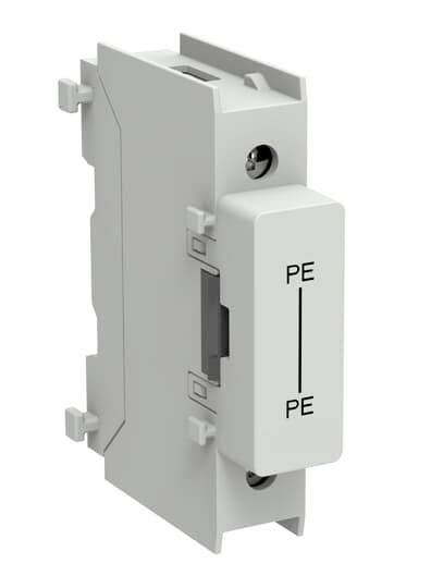 Weißes Elektromodul mit zwei Anschlüssen mit den Bezeichnungen "PE" und einer vertikalen Linie, Seitenansicht auf einfachem Hintergrund dargestellt.