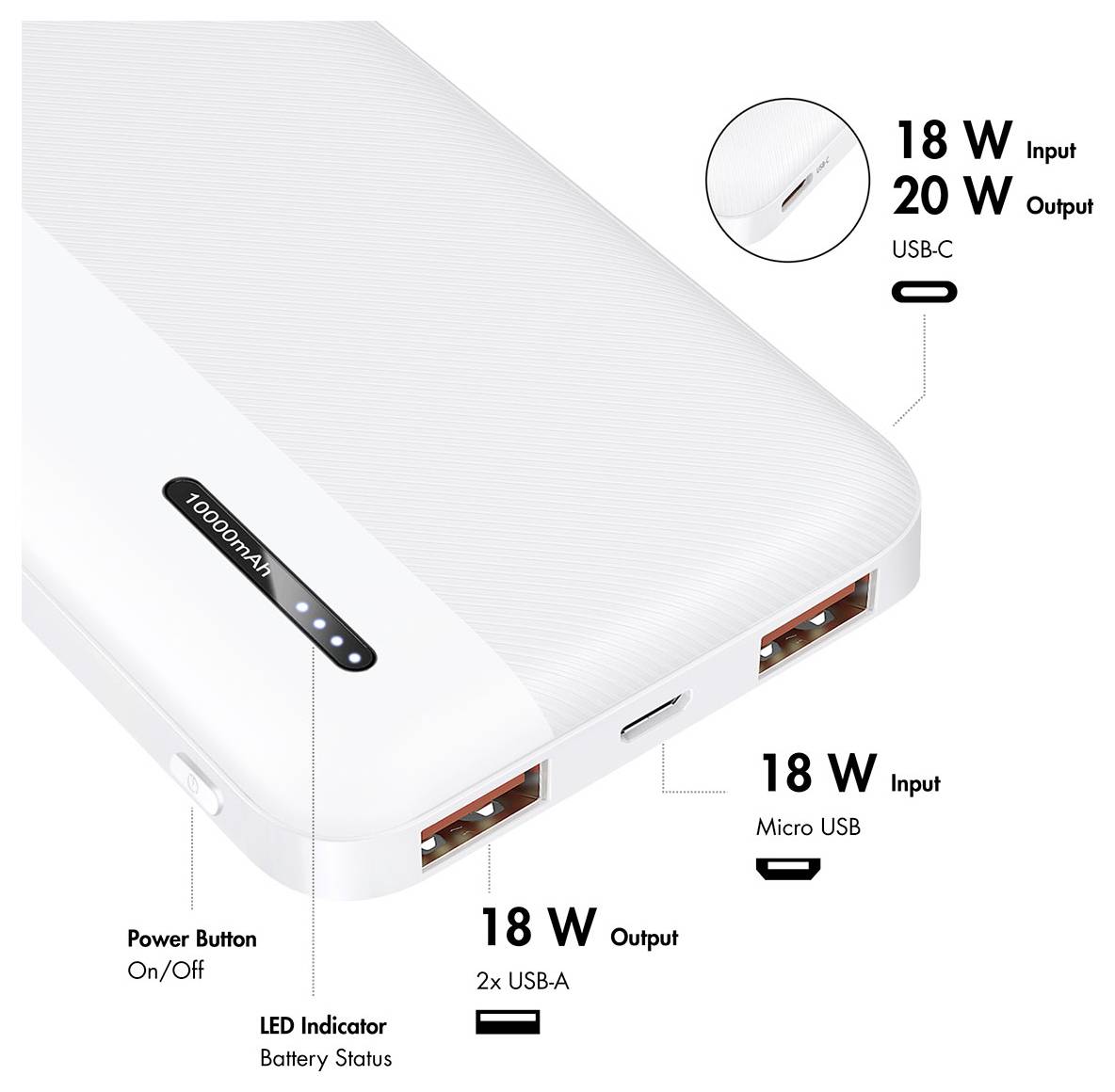 LogiLink PA0372W Powerbank 10000 mAh Fast Charge Li-Ion Weiß Statusanzeige-6