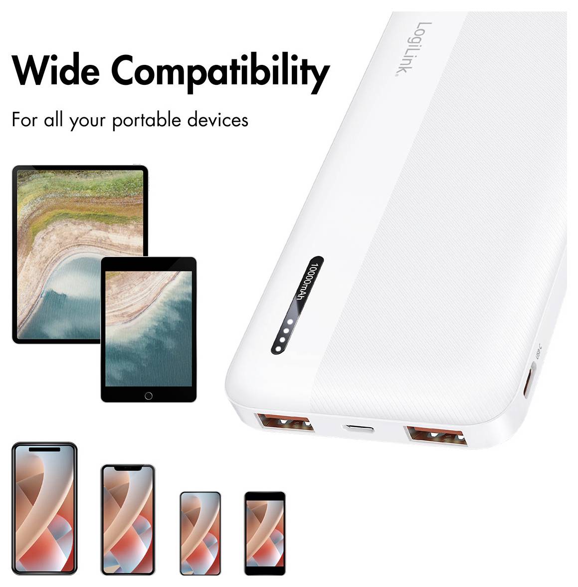 LogiLink PA0372W Powerbank 10000 mAh Fast Charge Li-Ion Weiß Statusanzeige-7