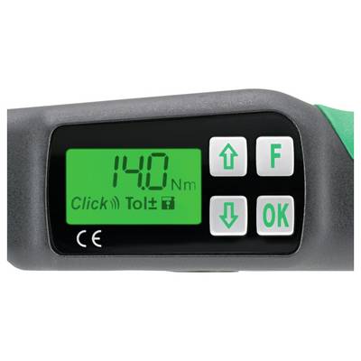 Digitales Drehmomentschlüssel-Display mit Anzeige von 140 Nm, mit Auf-/Ab-Pfeilen, F- und OK-Tasten und Symbol für "Click"-Drehmomentmodus.